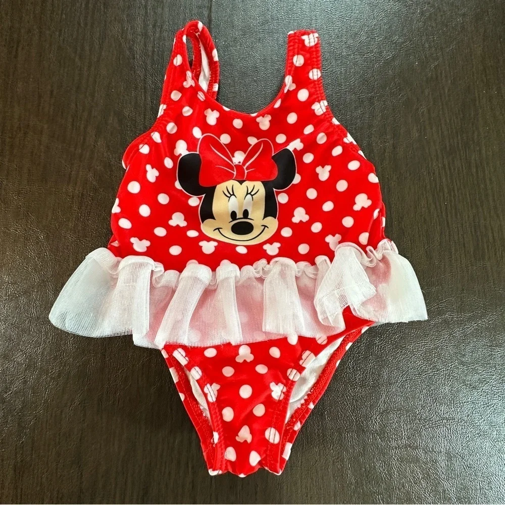 Disney Baby Red And White Minnie Mouse Ruffle Tutu Swimsuit Sz 6/9 Months